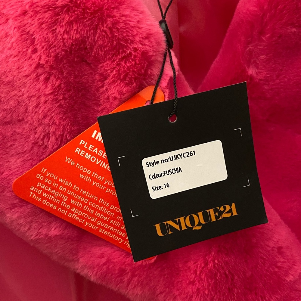 ASOS Unique21 Faux Fur Trim Vinyl Coat in Fuchsia, Size 12 - Picture 12 of 13
